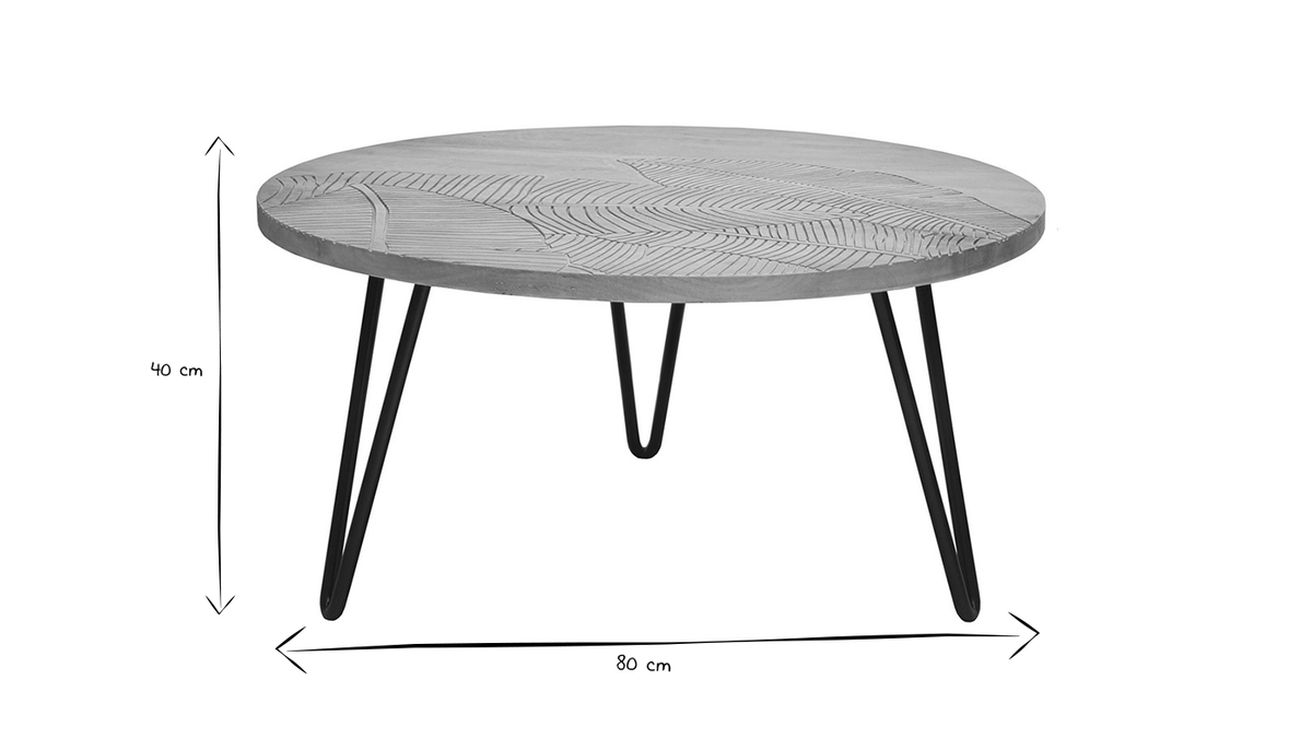 Mesa de centro redonda grabada en mango y metal negro VIBES