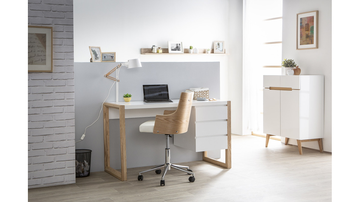 Silla de escritorio moderna blanca y madera clara con cojn integrado MAYOL