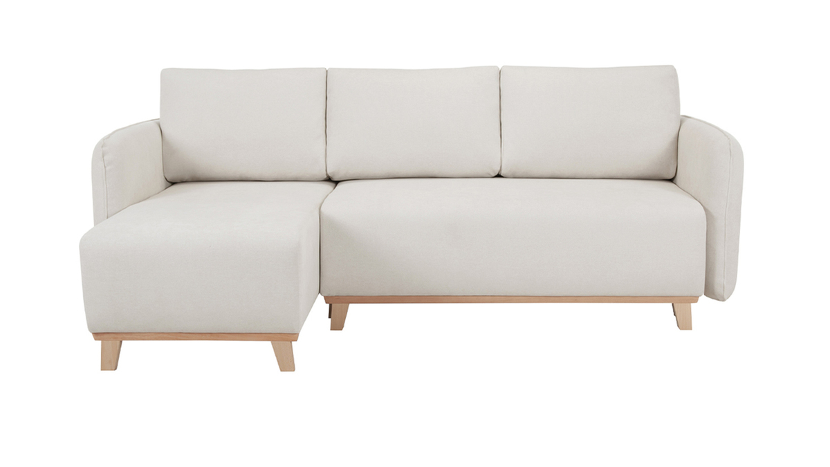 Sof cama chaise longue reversible 3-4 plazas de tejido efecto aterciopelado texturizado beige y madera clara ROMANE