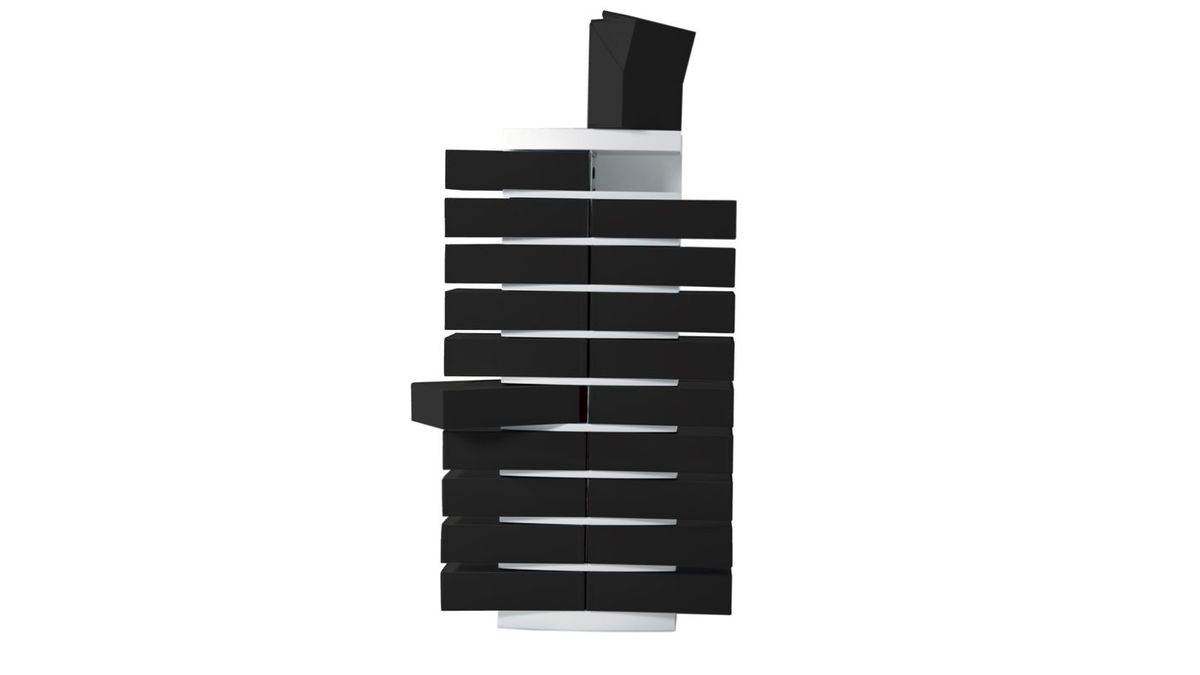 Columna de almacenaje blanca de diseo y sus 20 cajas clasificadoras negras