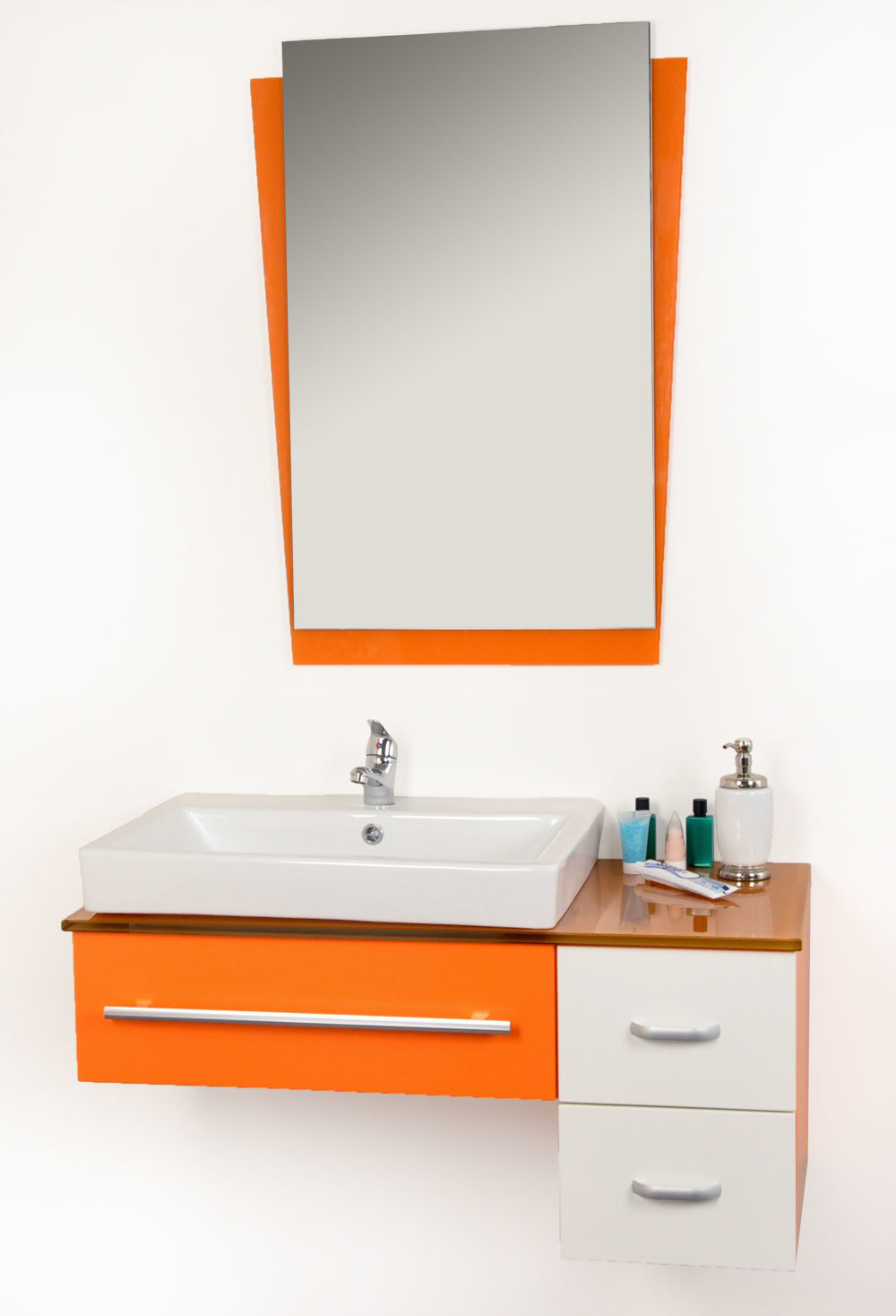 Conjunto de muebles de cuarto de ba&ntilde;o POP NARANJA: lavabo, mueble debajo del lavabo, espejo
