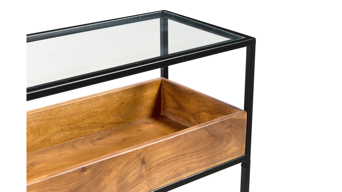 Mesa consola de metal negro con tablero de cristal y estante de madera maciza 100 cm HAORA