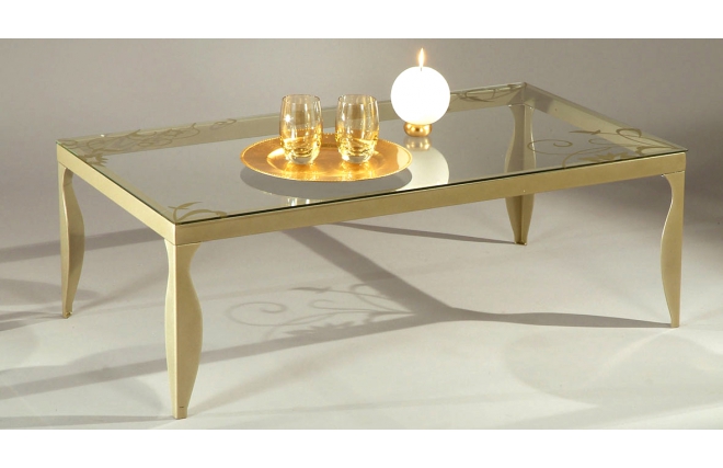 Mesa de sal&oacute;n Barroca de acero lacado y cristal templado transparente