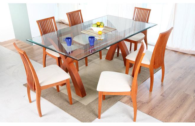 Mesa NICOLAS con encimera de cristal color cerezo