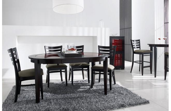Mesa Redonda extensible SARA- roble de color weng&eacute;- encimera de cristal rojo