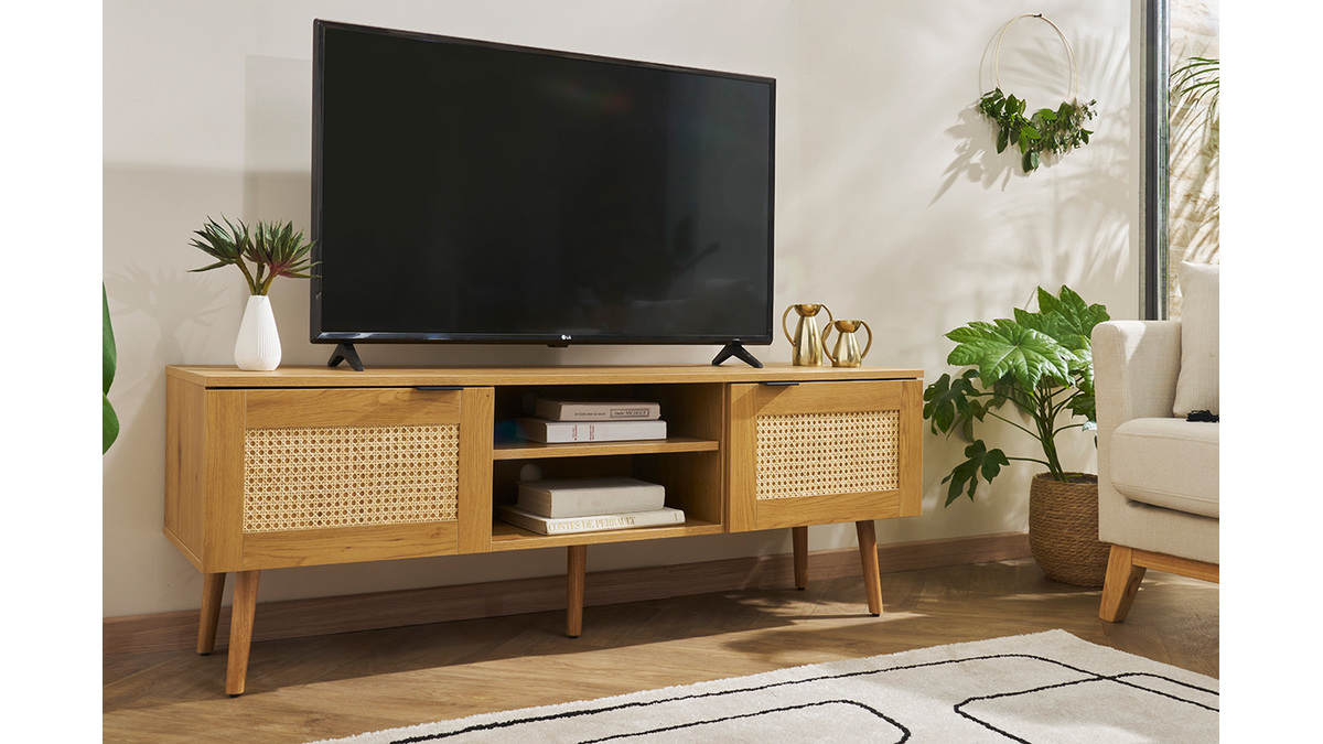 Mueble TV de madera clara, mimbre y metal negro con 2 puertas 140 cm MANILLE