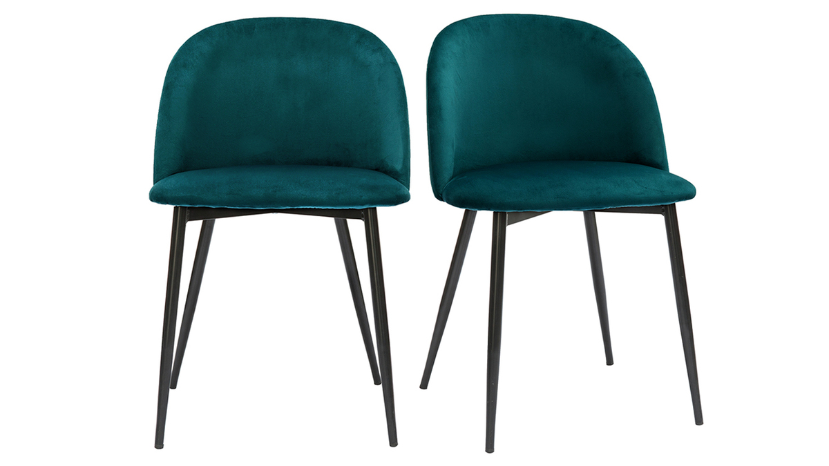Set de 2 sillas de diseo de terciopelo azul petrleo y metal negro CELESTE