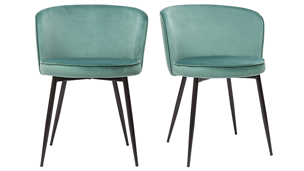 Set de 2 sillas de diseo de terciopelo verde celadn y metal negro SERIF