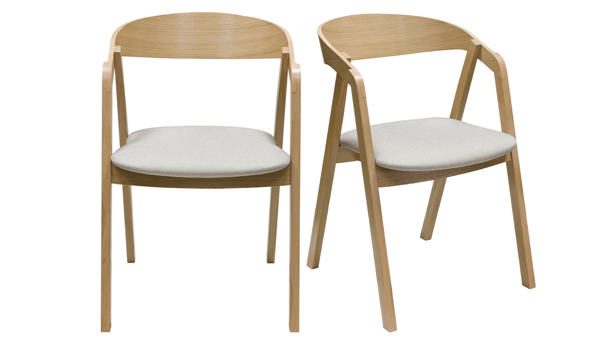 Set de 2 sillas nrdicas de madera clara de roble macizo y tela beige LOVA