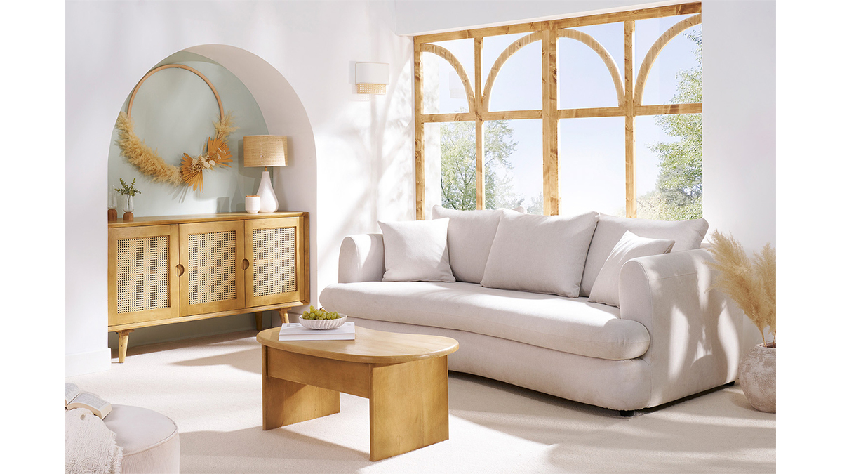 Sof cama 3-4 plazas desenfundable con forma de juda de tejido efecto aterciopelado beige claro SACHA