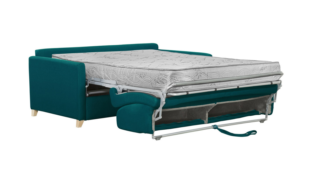 Sof cama 3 plazas nrdico azul petrleo y madera clara con colchn de 18 cm SKANDY