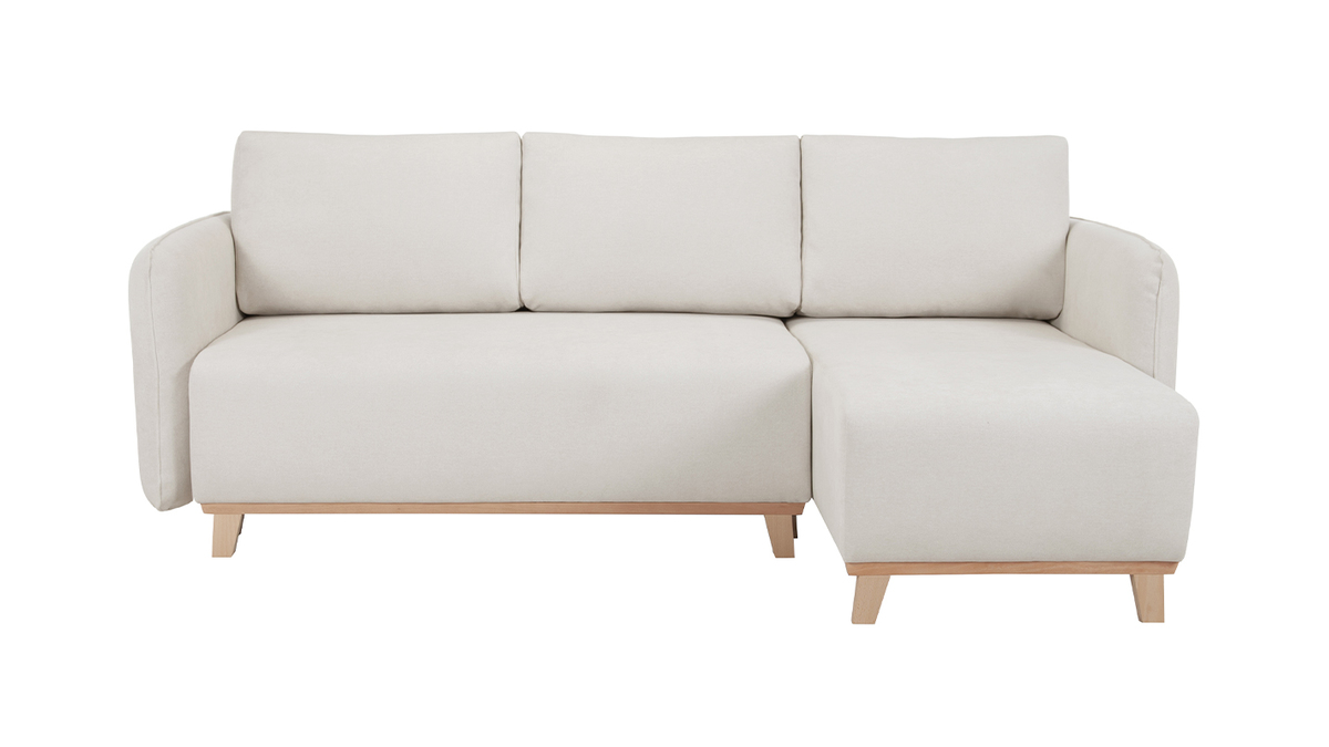 Sof cama chaise longue reversible 3-4 plazas de tejido efecto aterciopelado texturizado beige y madera clara ROMANE