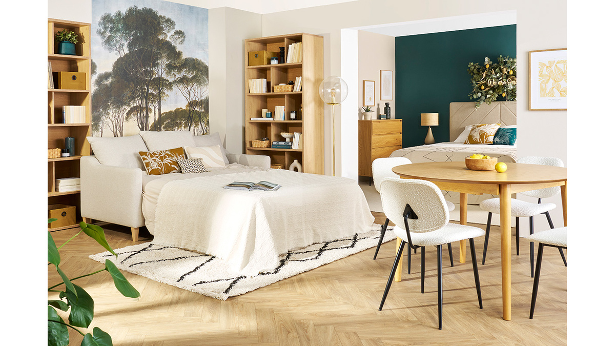 Sof cama nrdico 3 plazas de tela beige y madera clara LOUISE