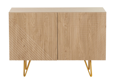 Aparador de dise&ntilde;o de madera de roble claro con grabados y metal dorado 2 puertas 107 cm OZEN