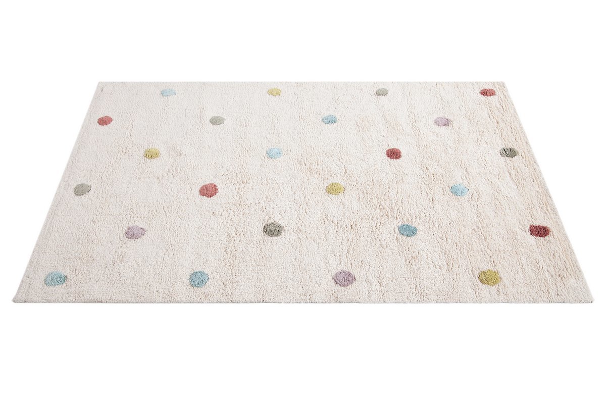 Alfombra infantil de algodón beige con lunares multicolores 100 x 150 cm DADA