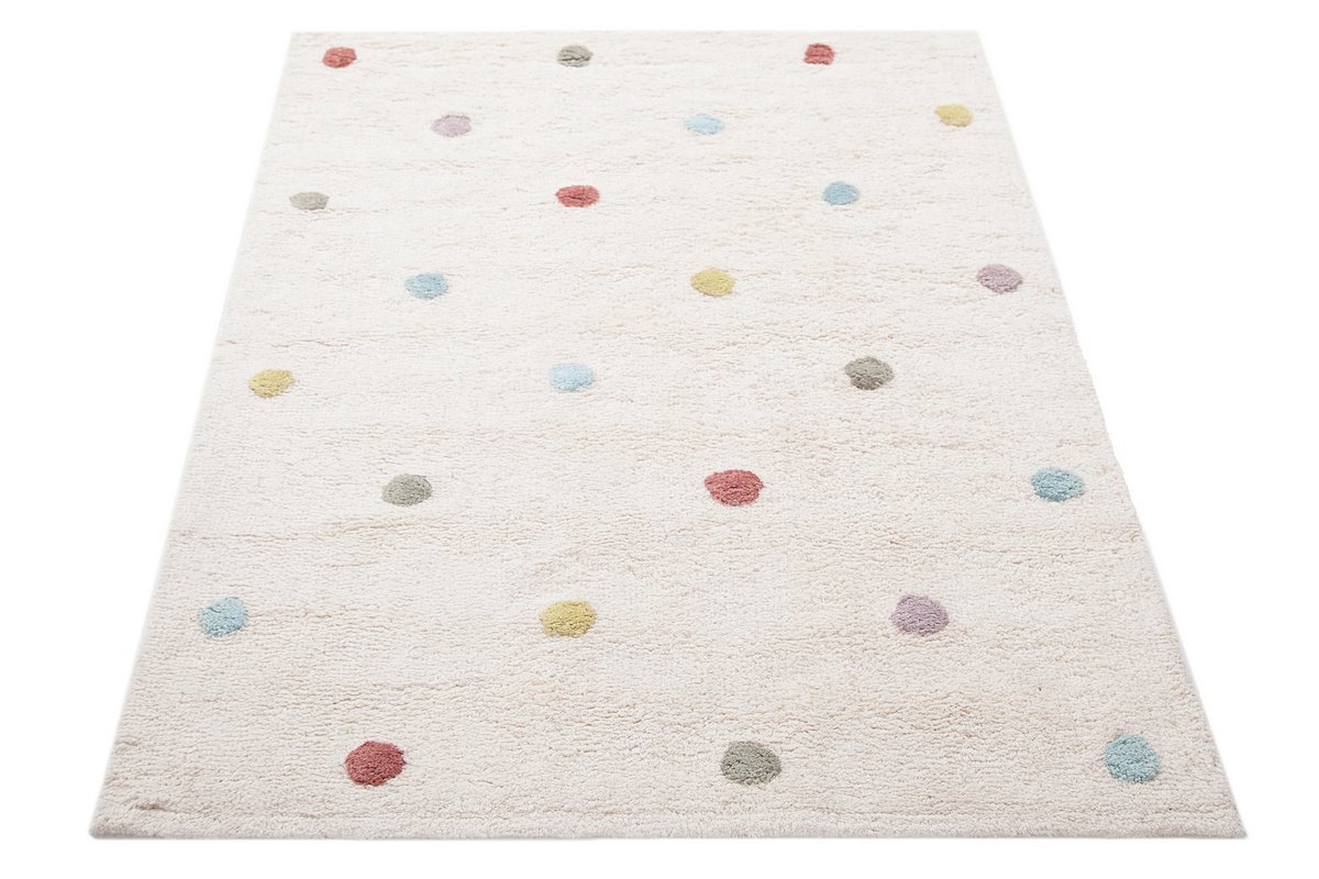 Alfombra infantil de algodón beige con lunares multicolores 100 x 150 cm DADA