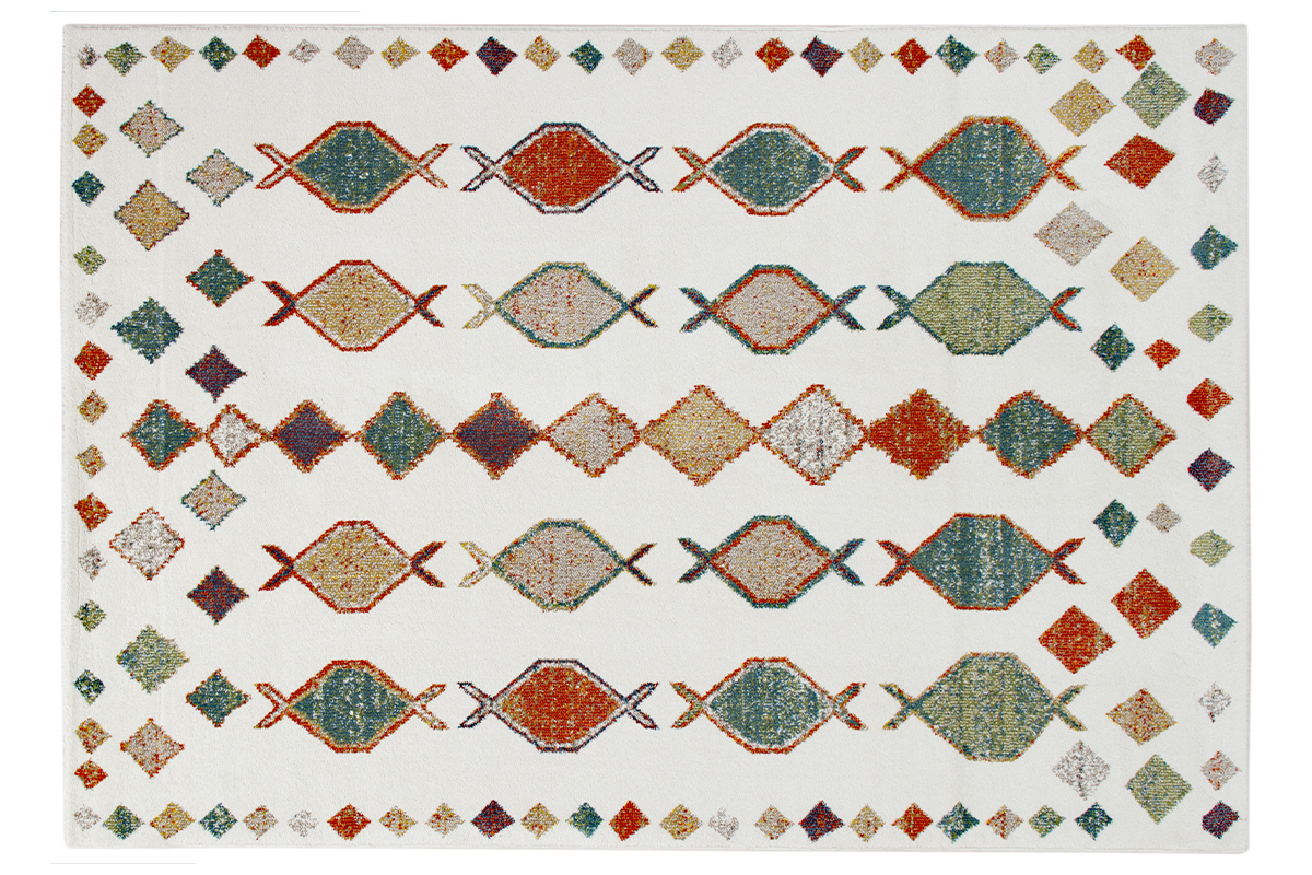 Alfombra rectangular beige de inspiración bereber con motivos multicolores 160 x 230 cm NAMI