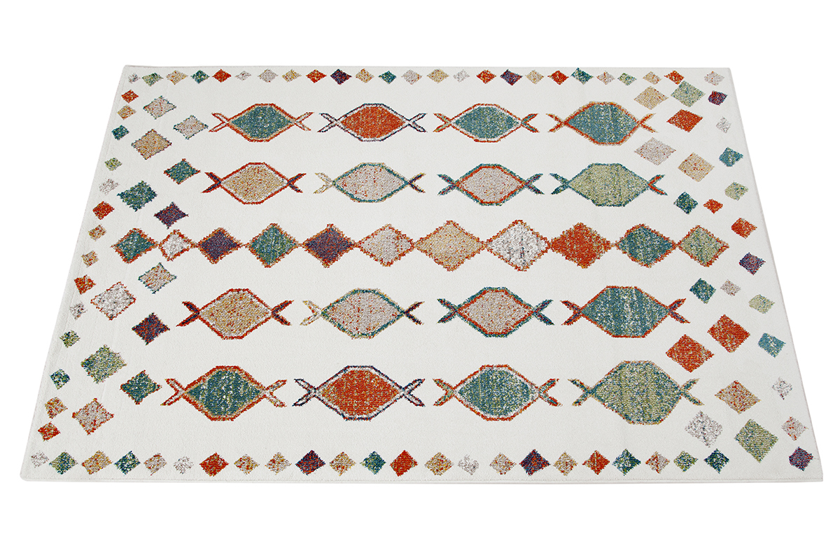 Alfombra rectangular beige de inspiración bereber con motivos multicolores 160 x 230 cm NAMI