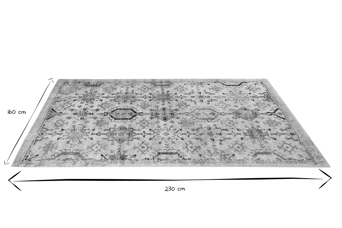 Dimensiones de la alfombra con patrones 160 x 230 cm en negro y blanco.