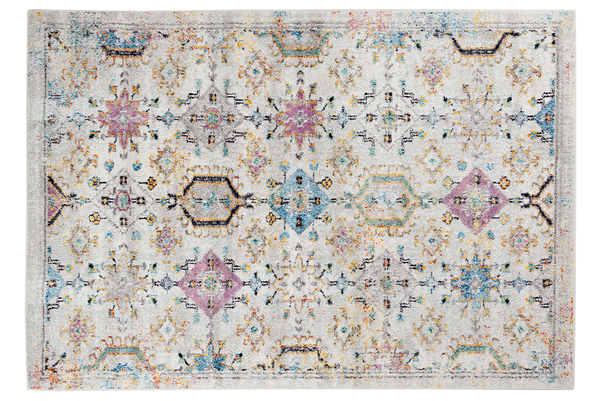Alfombra rectangular DULCE multicolor con motivos geom�tricos y florales, vista superior.