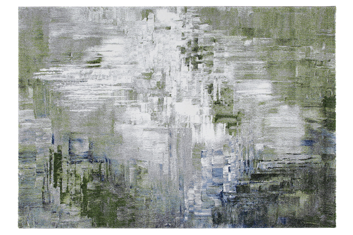 Alfombra rectangular abstracta de 160 x 230 cm con motivos en tonos verdes y grises, vista frontal.