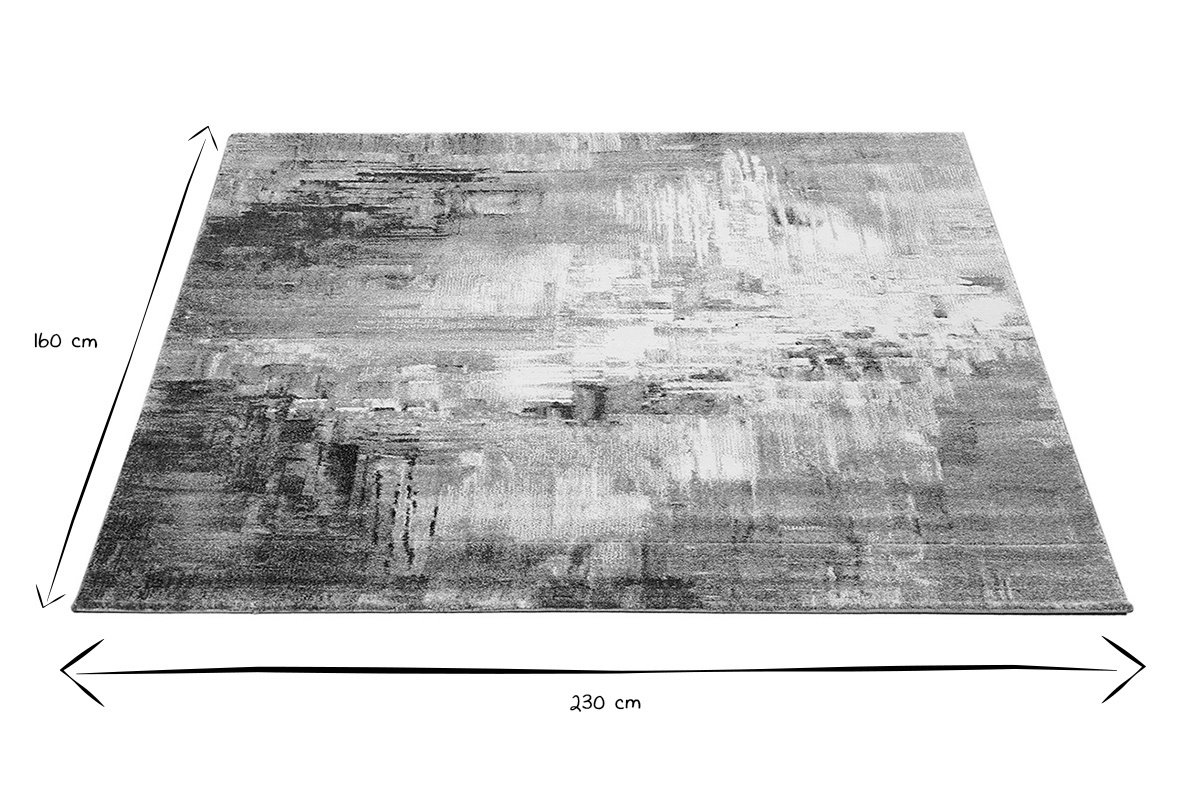 Alfombra rectangular con motivos abstractos de 160 x 230 cm en blanco y negro, dimensiones indicadas en la imagen.
