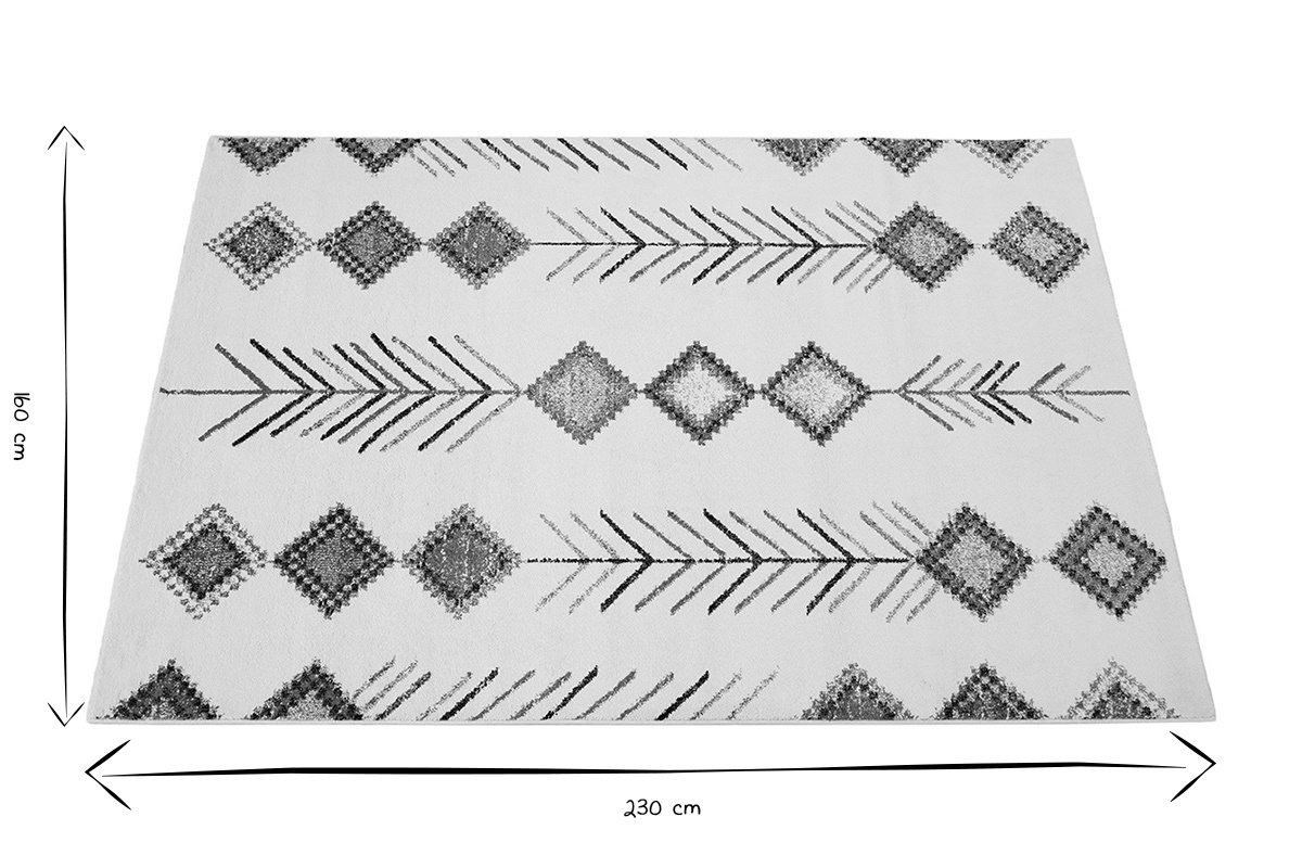 Dimensiones de una alfombra en negro y blanco, 230 cm por 160 cm.