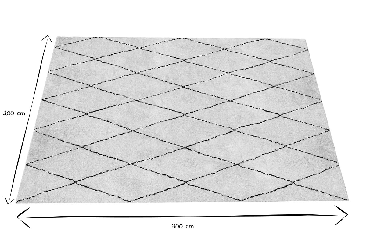 Alfombra rectangular con motivos de diamantes negros, dimensiones 200 x 300 cm, en negro y blanco, vista superior.