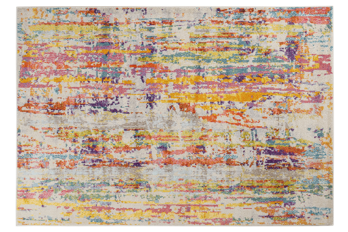 Alfombra rectangular multicolor de 160 x 230 cm con patrones abstractos y colores vivos, vista desde arriba.