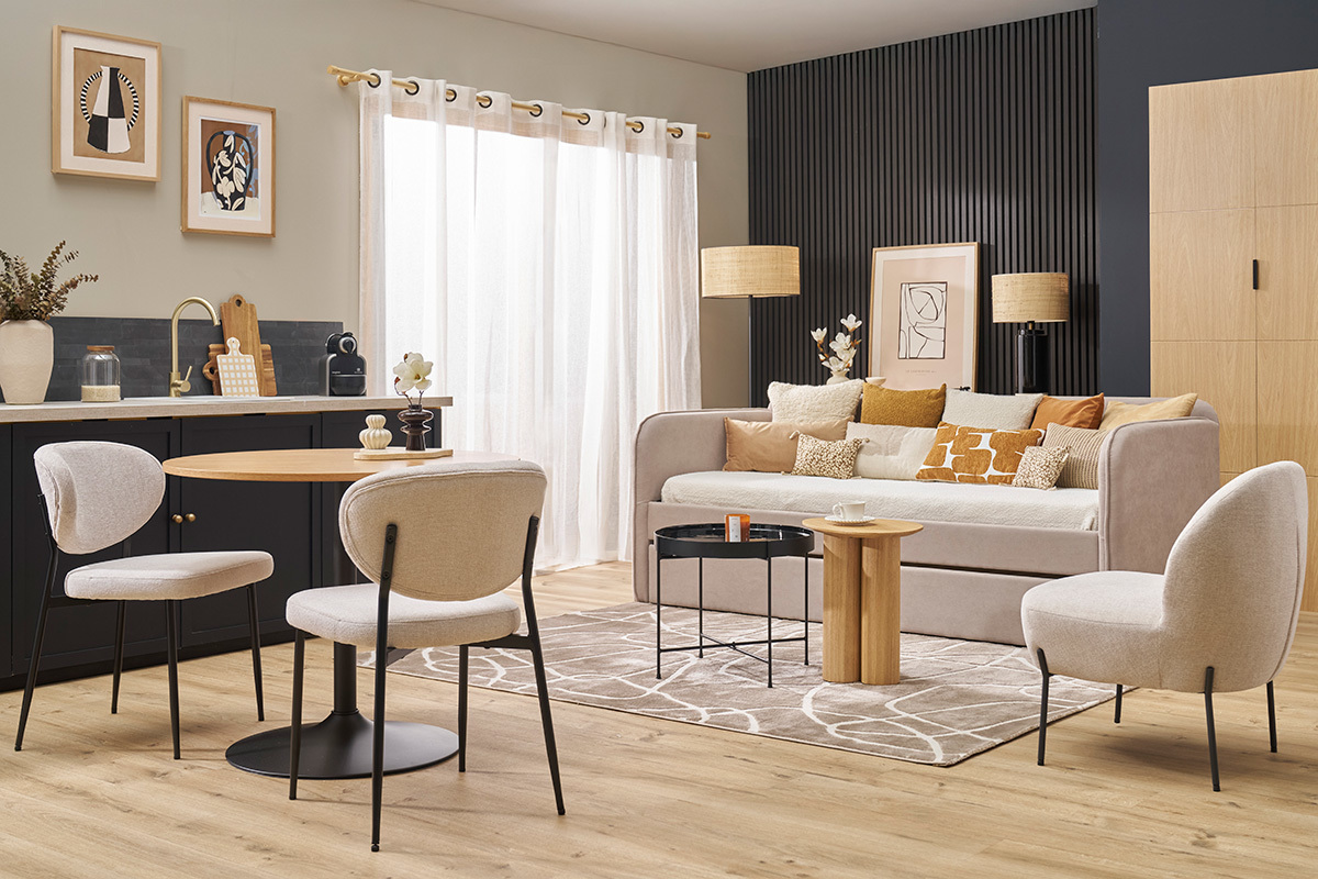 Alfombra rectangular taupe con motivos de line art 160 x 230 cm APOLLINE