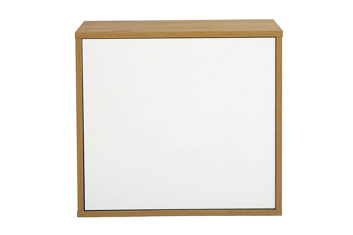 Almacenamiento mural blanco y madera clara de roble, vista frontal, dimensiones L55 x P30 x H50 cm