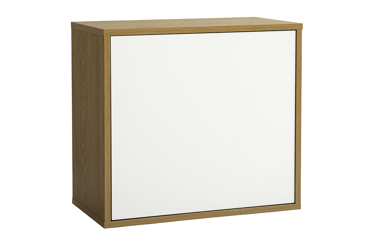 Almacenamiento mural FLEXO acabado blanco y madera de roble, vista en 3/4, dimensiones L55 cm.