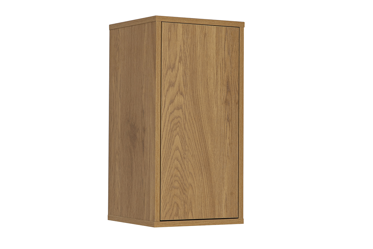 Estanter�a mural de madera clara de roble, formato vertical, vista en 3/4, dimensiones L30 x P30 x H60 cm.