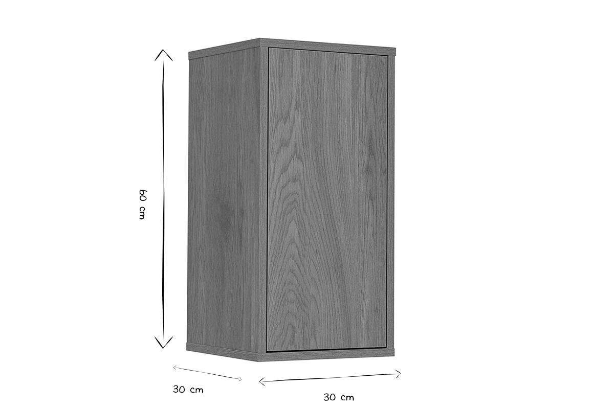 Dimensiones del almacenaje mural L30 cm FLEXO: H60 cm, P30 cm, en negro y blanco.