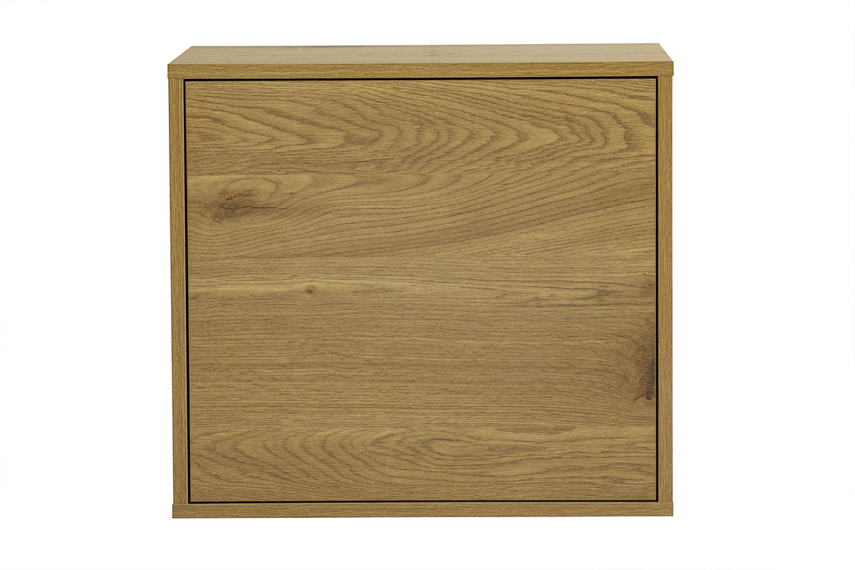 Almacenamiento mural en madera clara de roble, vista frontal, dimensiones L55 x P30 x H50 cm.