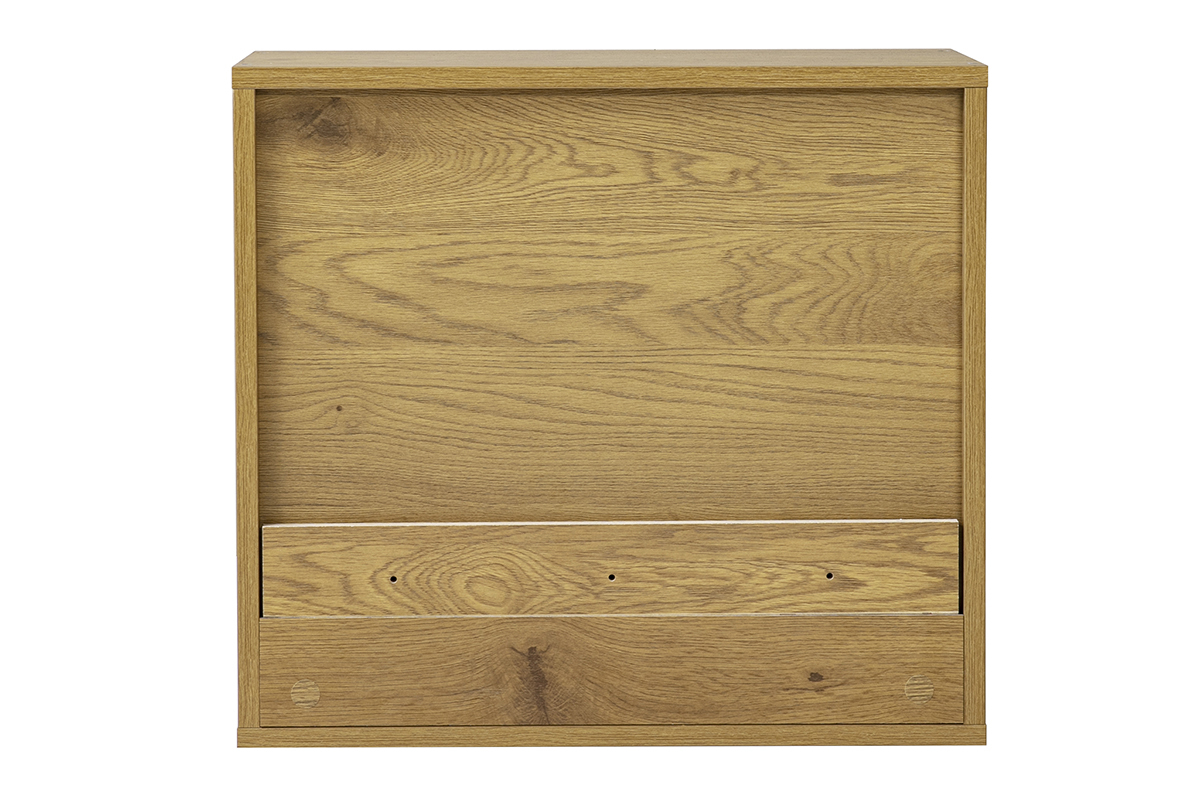 Mueble de almacenamiento mural de madera clara de roble, vista trasera, dimensiones L55 x P30 x H50 cm.
