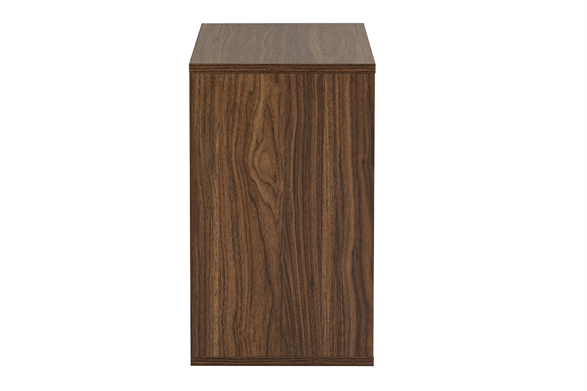 Estante mural FLEXO en madera oscura nogal, vista de perfil, dimensiones L55 x P30 x H50 cm.