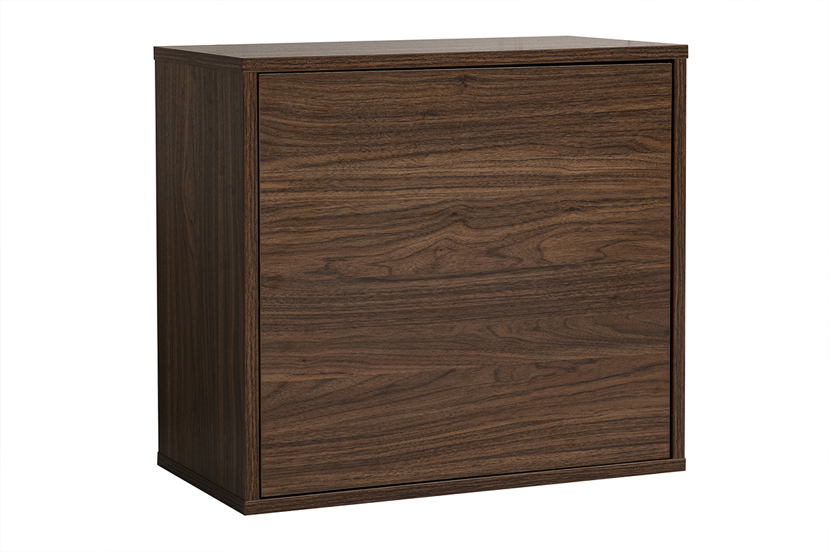 Mueble de pared FLEXO en madera oscura nogal, vista de 3/4, dimensiones L55 x P30 x H50 cm