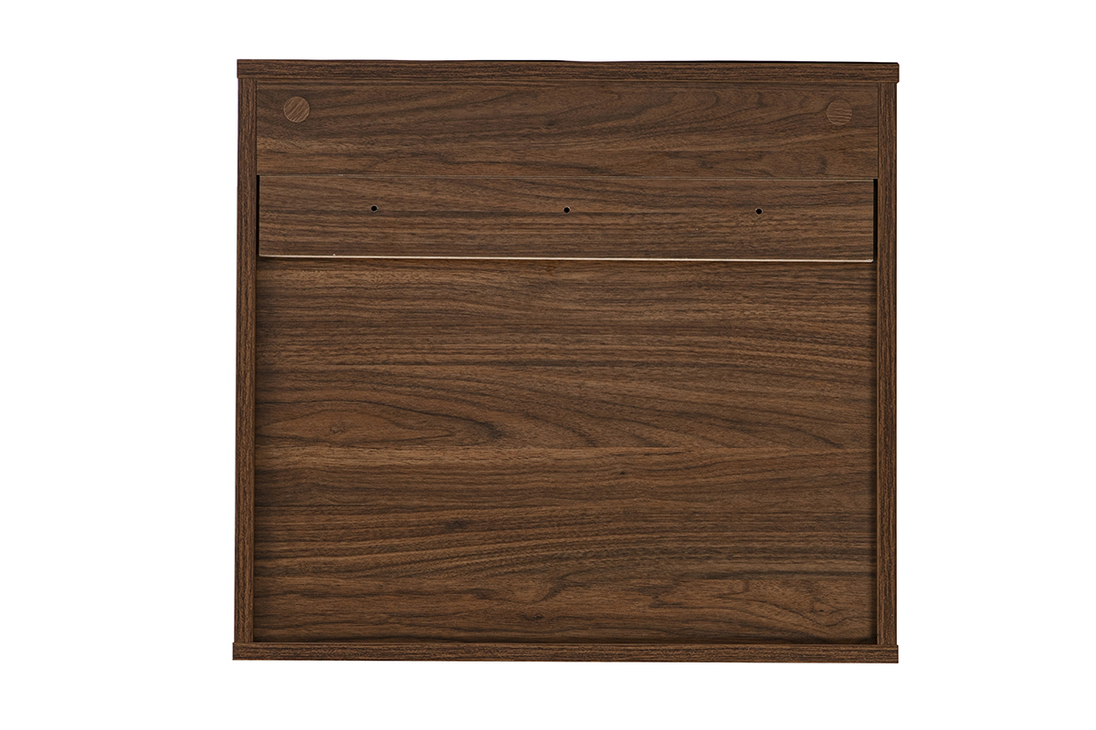 Almacenamiento mural con acabado de madera de nogal oscuro, vista trasera, dimensiones L55 x P30 x H50 cm
