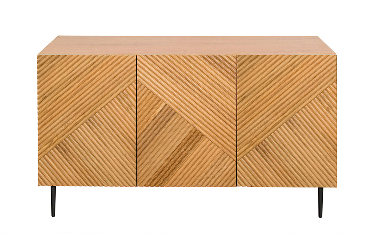 Aparador 3 puertas de madera clara de roble macizo y metal negro 135 cm ARCHIPEL