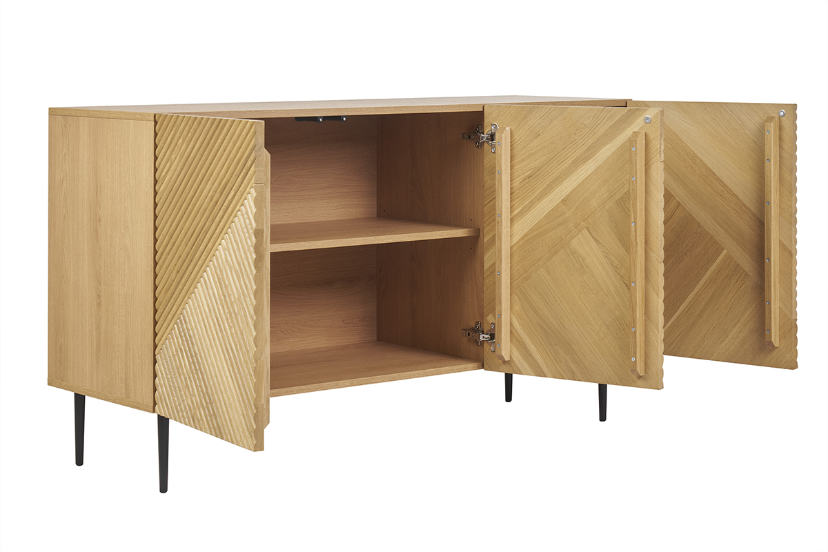 Aparador 3 puertas de madera clara de roble macizo y metal negro 135 cm ARCHIPEL