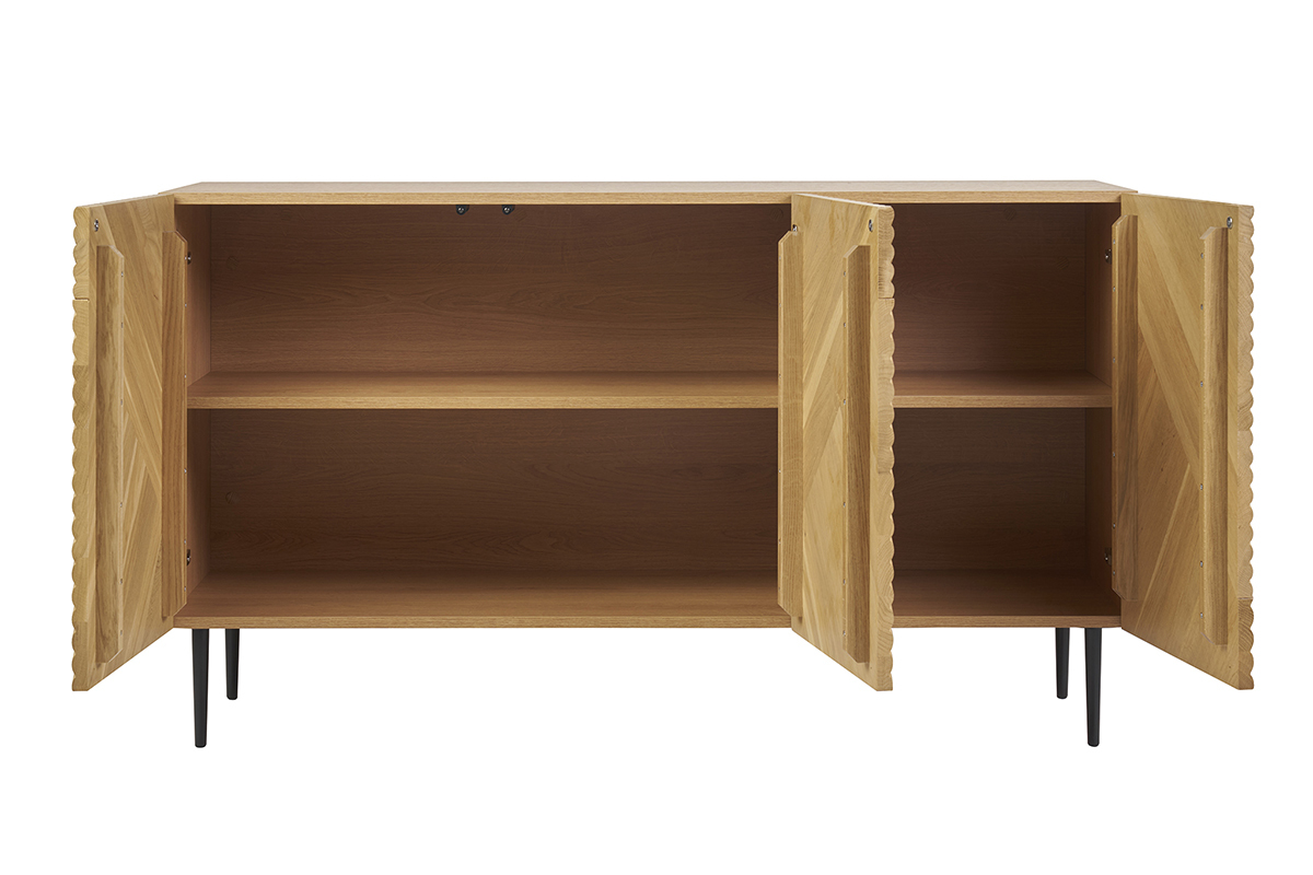 Aparador 3 puertas de madera clara de roble macizo y metal negro 135 cm ARCHIPEL