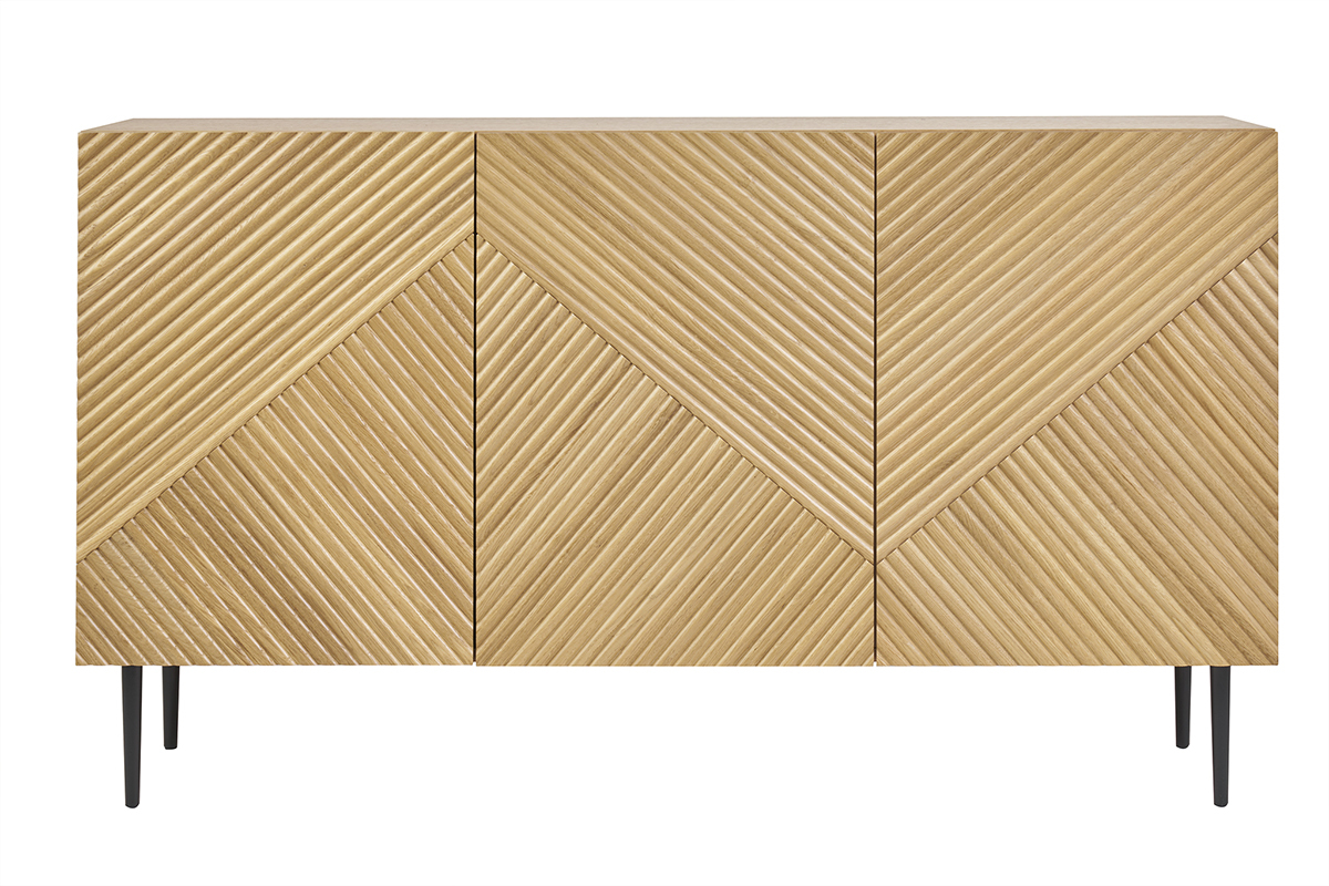 Aparador 3 puertas de madera clara de roble macizo y metal negro 135 cm ARCHIPEL