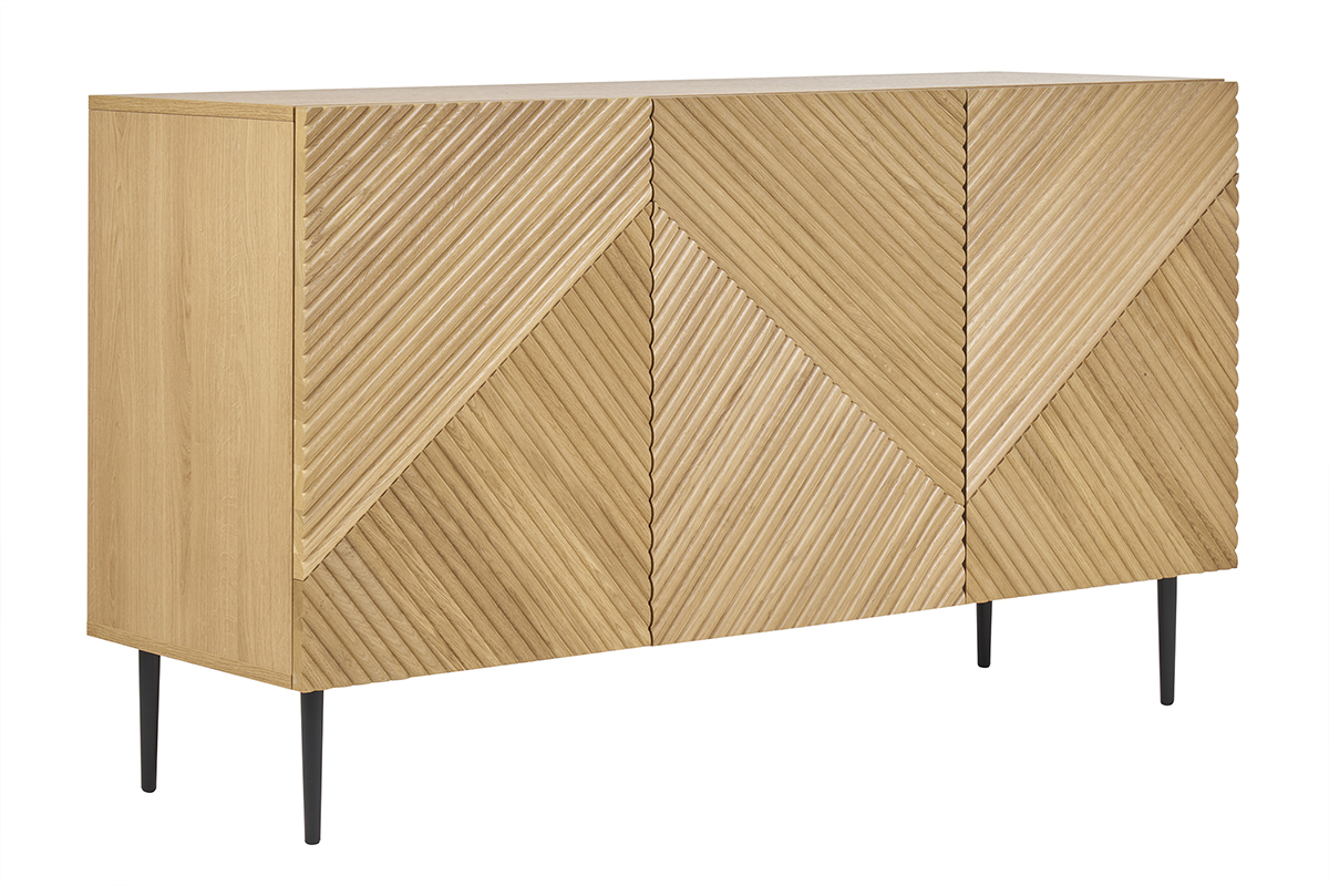 Aparador 3 puertas de madera clara de roble macizo y metal negro 135 cm ARCHIPEL