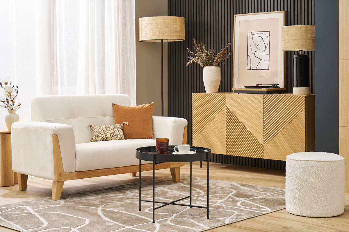 Aparador 3 puertas de madera clara de roble macizo y metal negro 135 cm ARCHIPEL