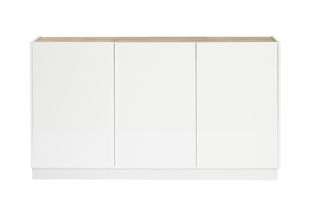 Aparador 3 puertas lacado blanco brillo y diseño madera clara 155 cm NELIO