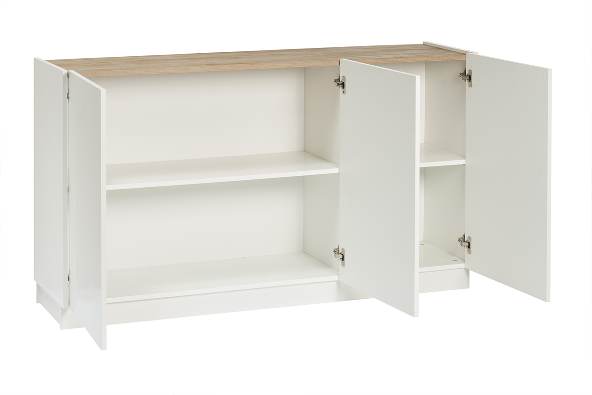 Aparador 3 puertas lacado blanco brillo y diseño madera clara 155 cm NELIO