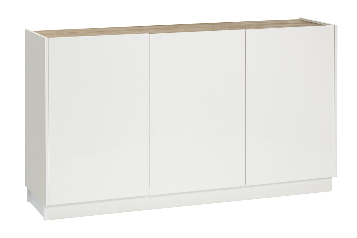 Aparador 3 puertas lacado blanco brillo y diseño madera clara 155 cm NELIO