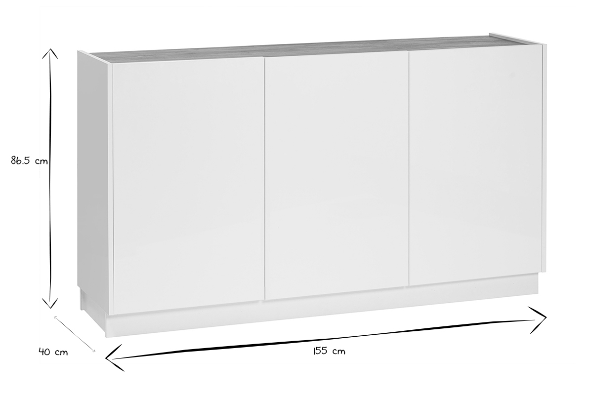 Aparador 3 puertas lacado blanco brillo y diseño madera clara 155 cm NELIO