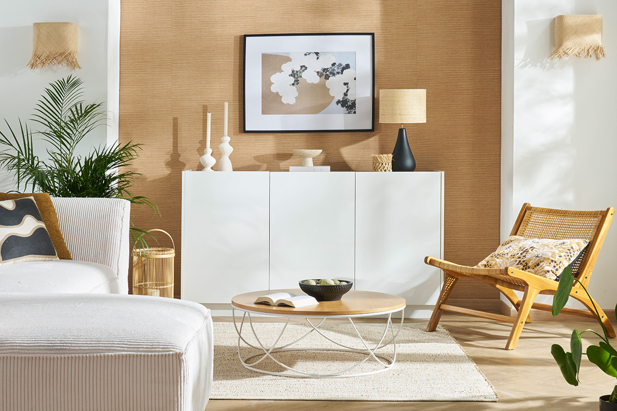 Aparador 3 puertas lacado blanco brillo y diseño madera clara 155 cm NELIO